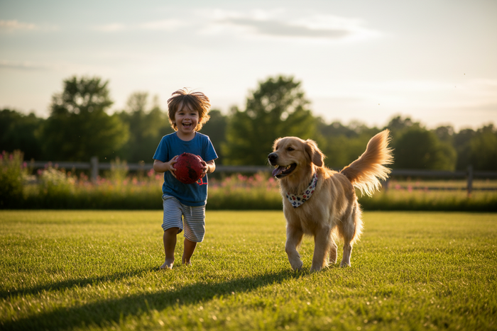 kid playing with a dog