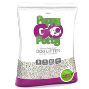 Bag of Puppy Go Potty dog litter with branding and product details on a white background